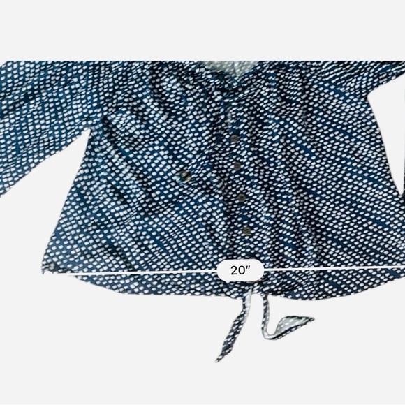 Jolt semi-formal/ casual top blouse M navy white polkadot ruched neck buttons - Picture 12 of 13